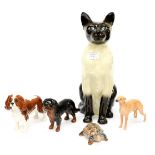 A Beswick large Siamese Cat (2139) together with a Beswick Greyhound and two Cavalier King Charles
