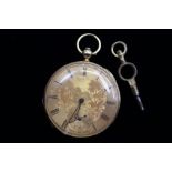 An 18ct yellow gold pocket watch, gilt dial displaying Continental riverside town,