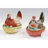 Two small Staffordshire Pottery hens on nests. Size is 9.5cm high x 9.5cm in diam.