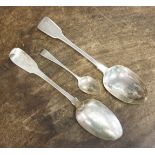 Two silver serving spoons London 1829, maker T Cox Savory, with a silver teaspoon, London 1810,