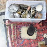 A box of metalware, including a brass pan stand, Arts and Craft, pewter, EPNS, trays, candelabra,