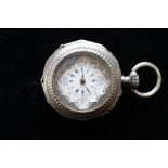 A Victorian aesthetic period scroll silver pocket watch 800 silver bird and nest panel decoration