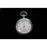 A silver and niello scroll crown winding Omega pocket watch, braces lever movement,