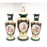 Victorian opaline vases with Dutch/Flemish decoration and hand painted adornment (3)