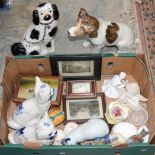A collection of ceramics including Staffordshire Dog, Cat figures, painted glass topped box,