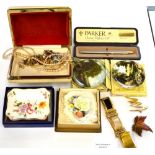 A collection of costume jewellery (boxed) and silver disks and chain including a Royal Crown Derby