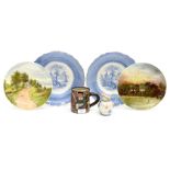 A pair of Blue and white transfer print soap dishes, a pair of hand painted plates signed,