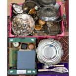 A collection of silver plated items including salver, serving dishes, cutlery, boxed fish servers,