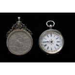 A small gentlemen's silver pocket watch with cream and sky blue enamelled dial with silvered and