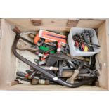 A Pinewood box/crate with assorted tools, shoe last, drills,