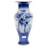A Royal Doulton vase blue and white with sponged gilt to inner side top, a lady and girl in country,