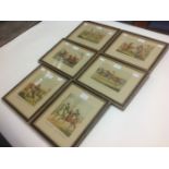 Six late 19th Century Hunting prints and one Racing, hand tinted,