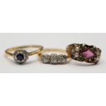 A Victorian amethyst, emerald and seed pearl yellow gold ring,