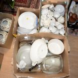 Four boxes of Pyrex, cooking dishes, plates, teapots,