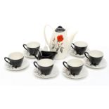 A Midwinter style craft coffee set, fashion shape 10-61, comprising coffee pot, six cups,