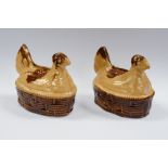 Pair of small Staffordshire Brown Tracle glaze Chicken Money Boxes