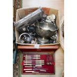 An oak canteen of EPNS cutlery, with a box of EPNS items, including galleried tray,