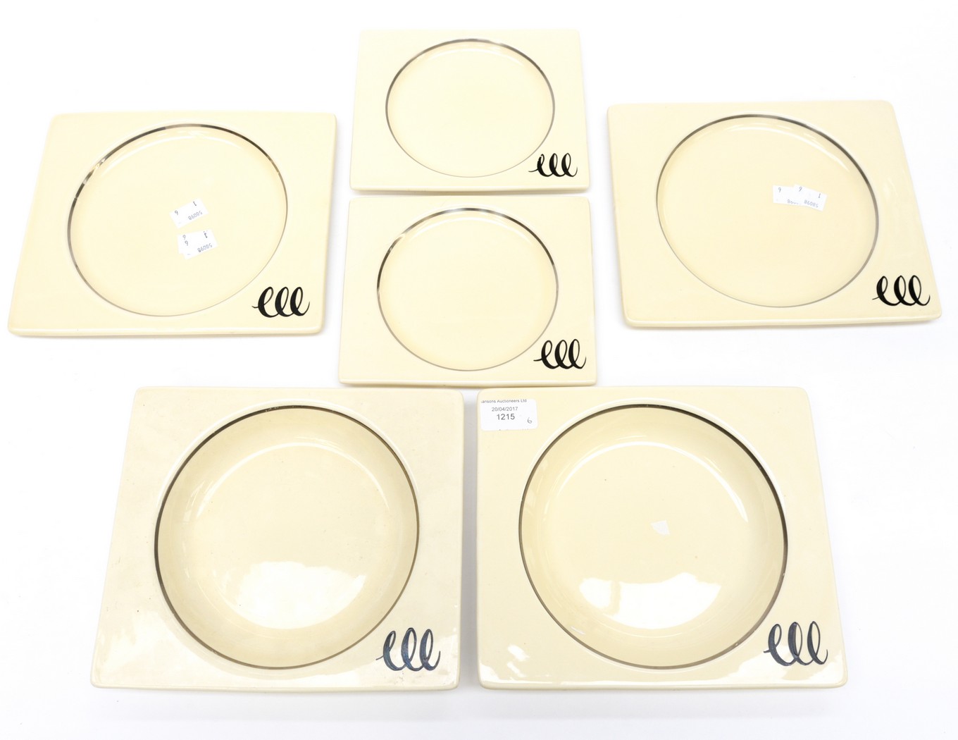 Two Clarice Cliff dinner plates, two side plates, two soup bowls, in the Biarritz pattern,