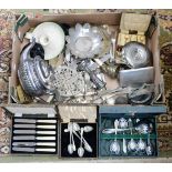 Boxed spoons, including gilt on base metal, knives etc, together with a silver plated teapot,