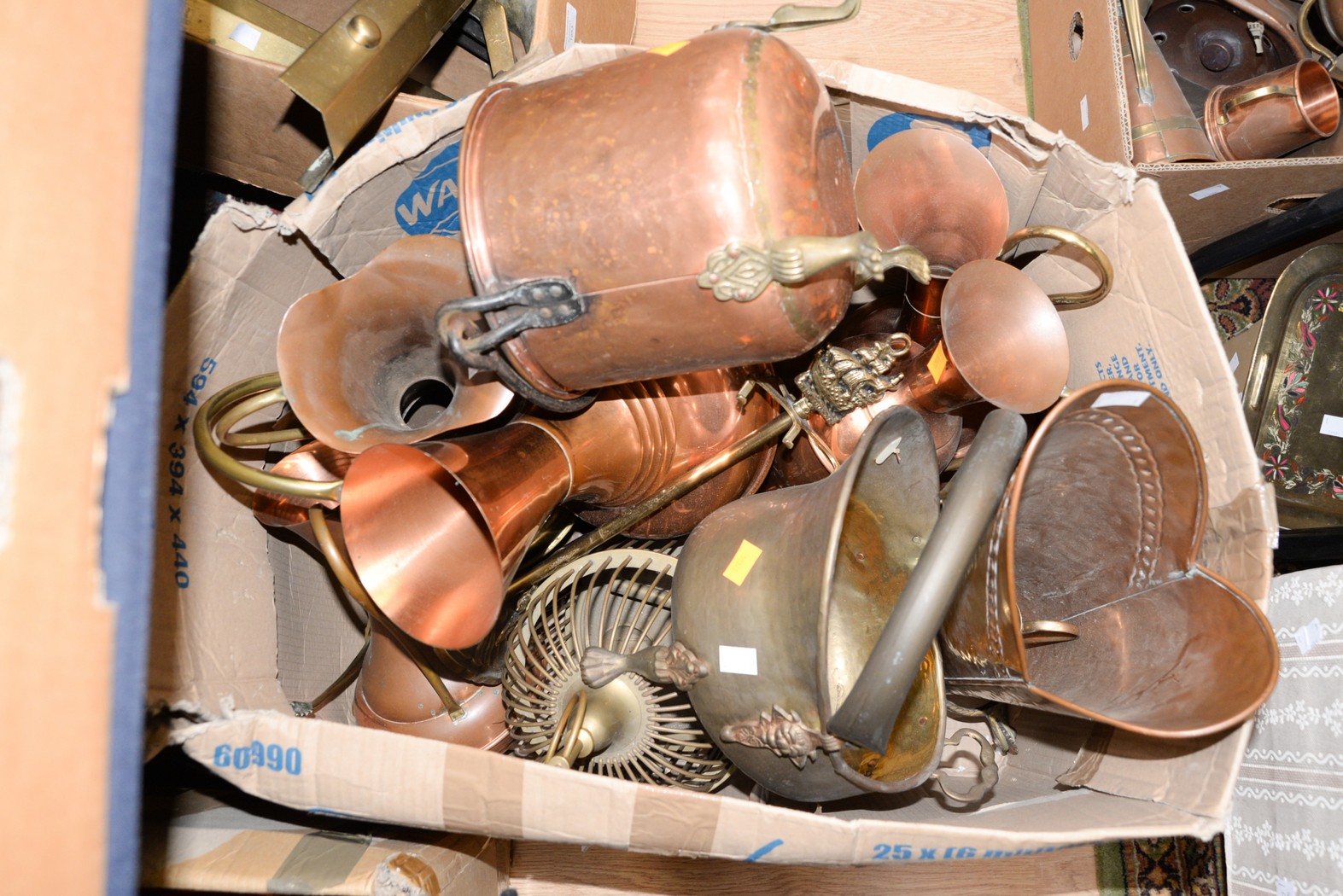 A large box of copper jugs, with Jardiniere, brass scuttle,