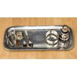 A pewter hand hammered tray 1939, Masonic interest, decorated spoons, a small trowel, sugar castor,