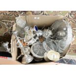 A box of assorted metalware, including galleried tray, cruet set,