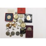 Two white metal pocket watches, with a pair of 12ct gold cufflinks (approx 6.