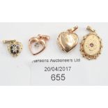 Four 9ct gold and yellow metal pendants and locket, heart shaped, some gem set, 6.