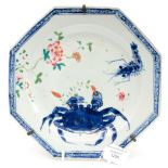 A Chinese 18th Century plate with shrimp and crab decoration Famile Rose octagonal European shape