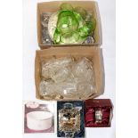 Two boxes of glassware, plated coasters, etc.