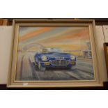 An oil on canvas, depicting an E-Type Jaguar on a track, possibly Donnington,