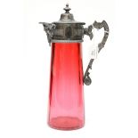 A Victorian Cranberry glass claret jug with plated mount, 12.