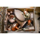 A box of assorted copper ware including jugs, bowls, mug,
