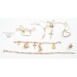 9ct gold chains, scarf ring and charms, 13.