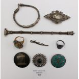 Greek, Arabic silver filigree brooches, etc, also cloisonné and yellow metal,