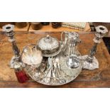 A collection of plated ware including candlesticks,