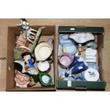 Two boxes of ceramics to include Royal Doulton character jugs, 19th century Staffordshire jug,