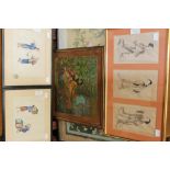 A collection of Oriental pictures, comprising a pair of rice paper watercolours print, framed silk,