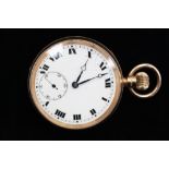 A 9ct gold open faced pocket watch, reverse engraved,