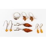 Amber and silver earrings, four pairs,