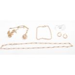9ct gold chains, pendant and earrings, 16.