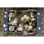 A box of brass tea wares and some plated items etc