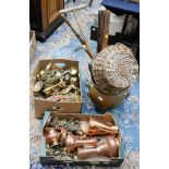 Three boxes of brass and copperware, including cauldron, scuttle, Posher bellows, horse brasses,