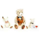 Three Royal Crown Derby Teddy paperweights, comprising Teddy Bear with gold stopper,