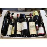 A large collection of red wine, mostly Old World, including Bordeaux, CNDP,