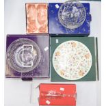 Four boxed crystal glass items and a Minton boxed Haddon Hall gateau platter