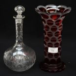 A 19th Century, possibly Thomas Webb, ruby glass overlay glass vase (a/f) coin pattern,
