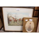 Four hunting prints with an embroidered picture (5)