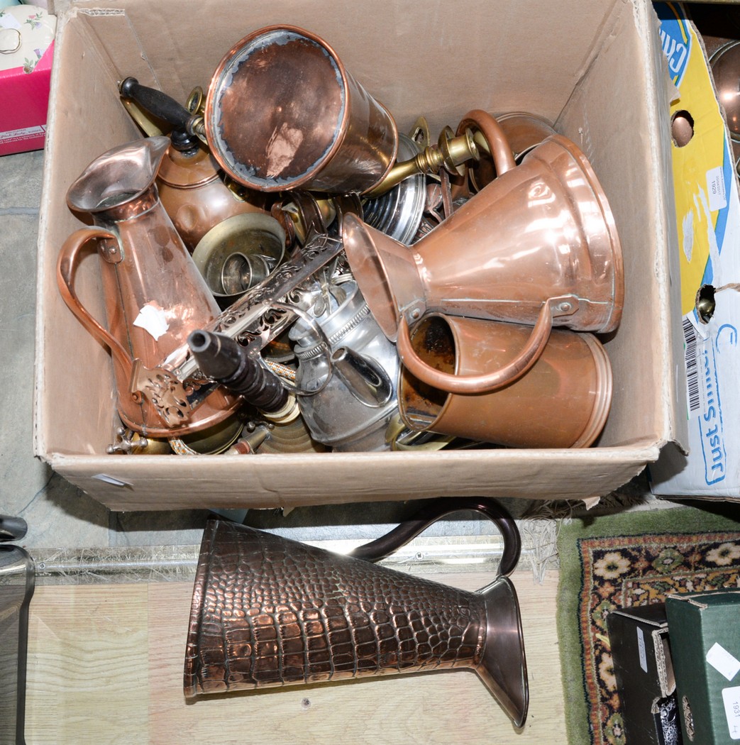 A collection of various copper and brassware, comprising mugs, measuring jugs, teapot and stand,