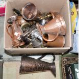 A collection of various copper and brassware, comprising mugs, measuring jugs, teapot and stand,